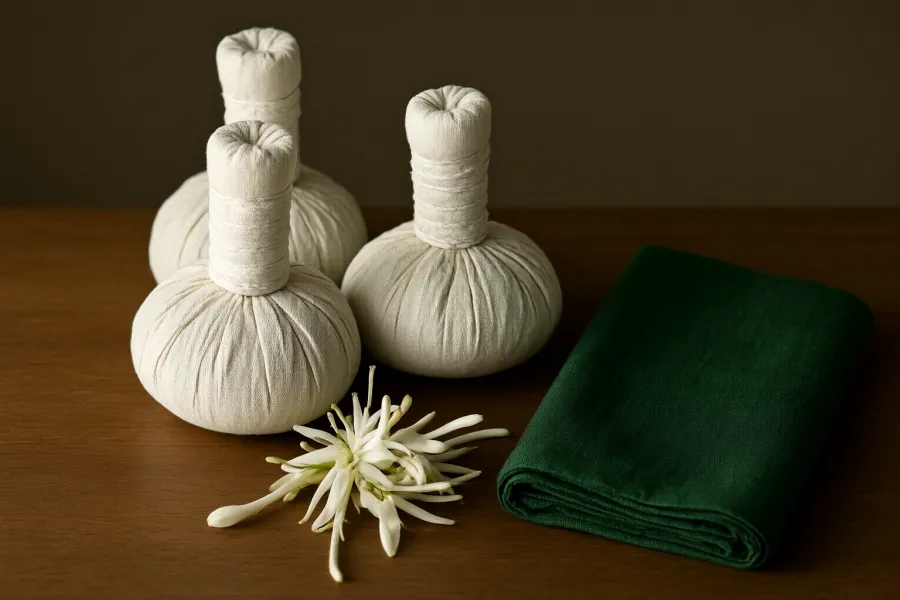 Three tied Thai herbal compresses, white Kasalong blossoms and folded green linen on a teak table