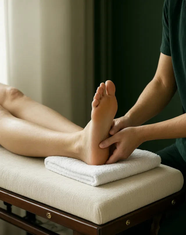 A therapist's hands massaging a client's foot resting on a towel