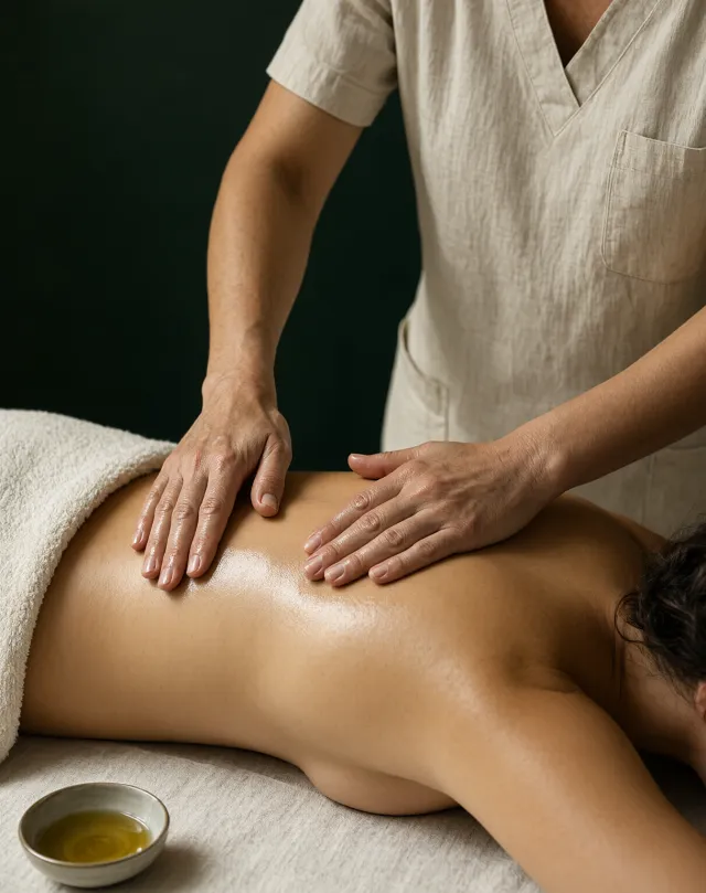 Oiled palms gliding across a client's back beside a small bowl of oil